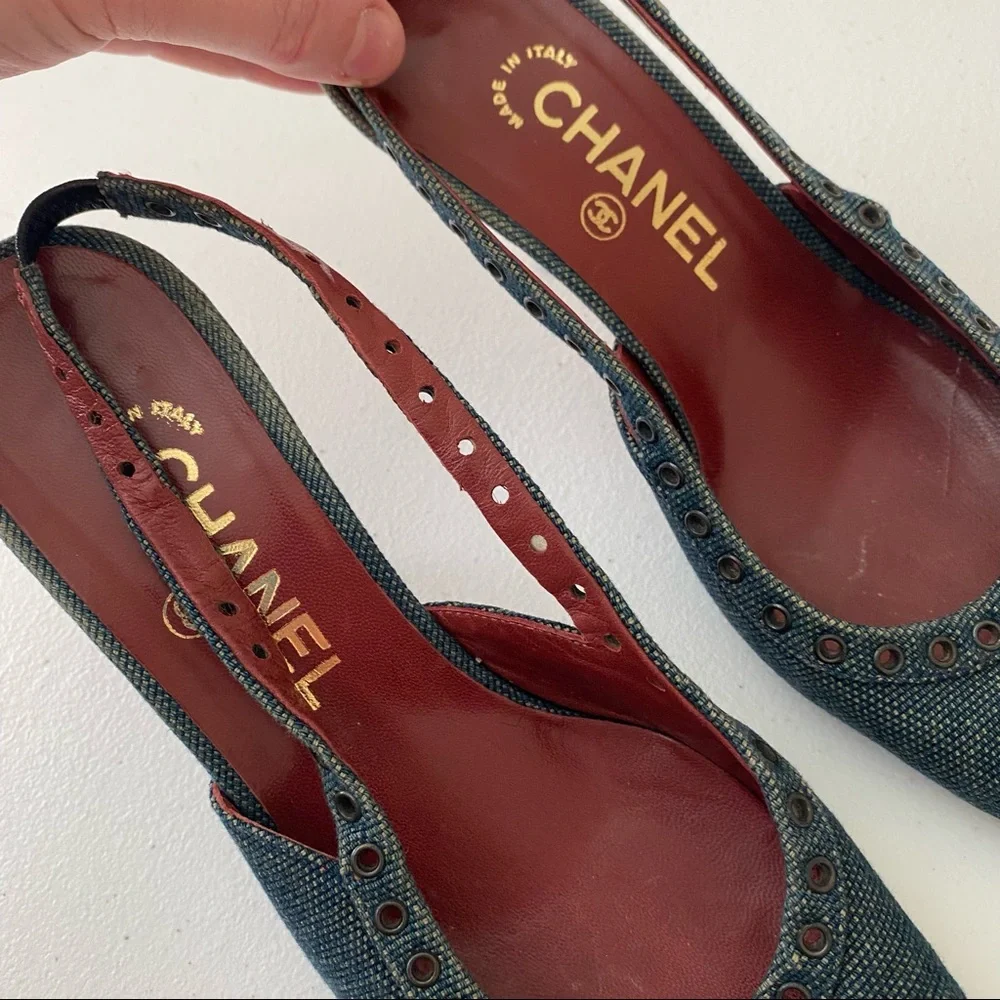 CHANEL Denim Blue Slingback Heels with Red Interior - Picture 16 of 16